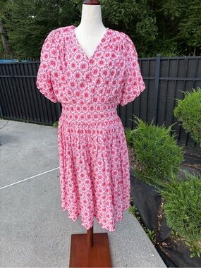 Ella Rafaella Red White Daisy Embroidered Smocked Dress-NWOT